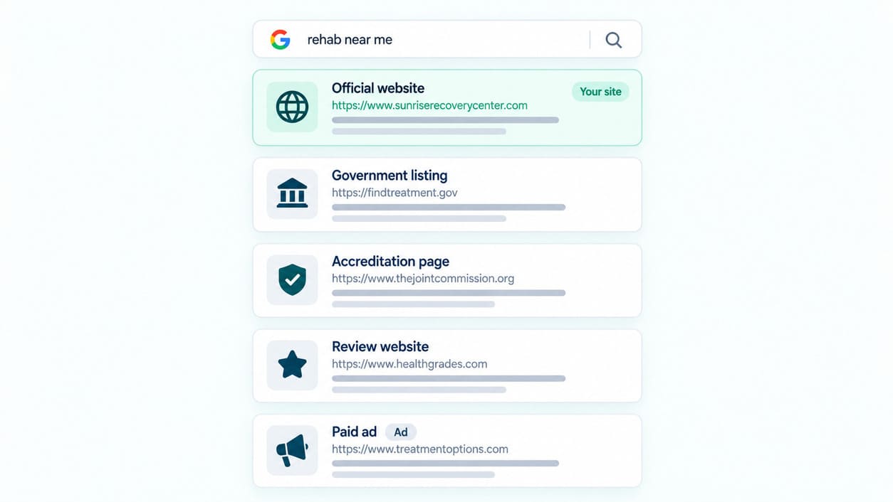 Different Google result types that can appear above a rehab website in brand searches