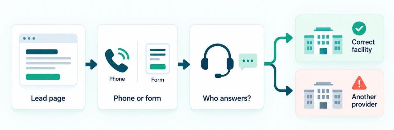 Lead website inquiry routing check showing phone or form, who answers, and the receiving facility