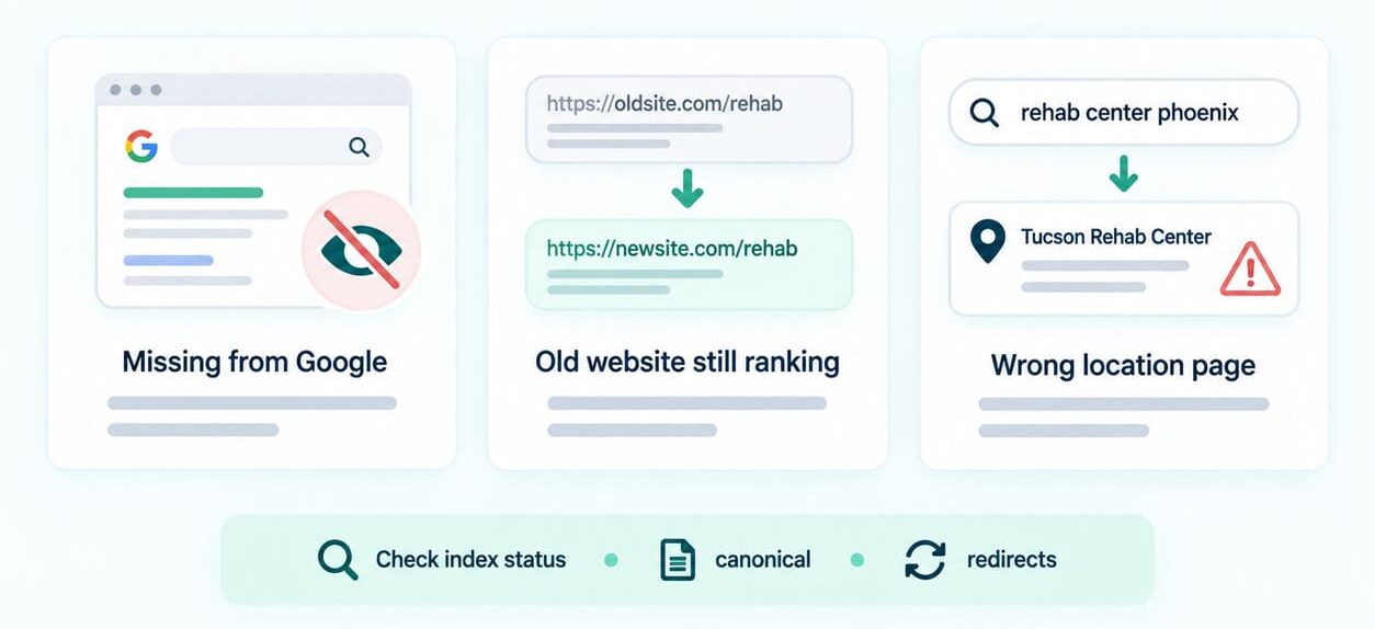 Rehab brand search problems including a missing page, an old website still ranking, and the wrong location page
