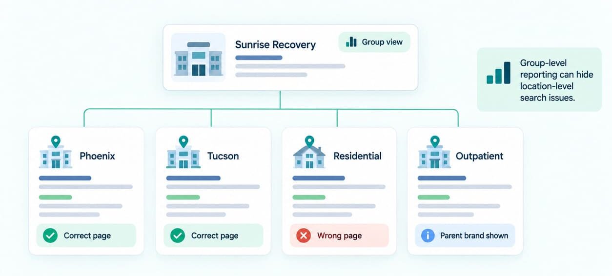 Multi-location rehab brand search check showing different facility pages and location-level search issues