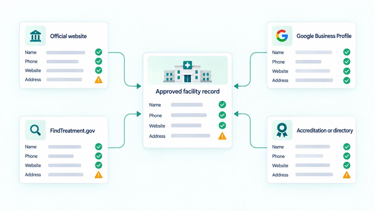 Approved rehab facility details compared across the official website, Google Business Profile, FindTreatment.gov, and accreditation records