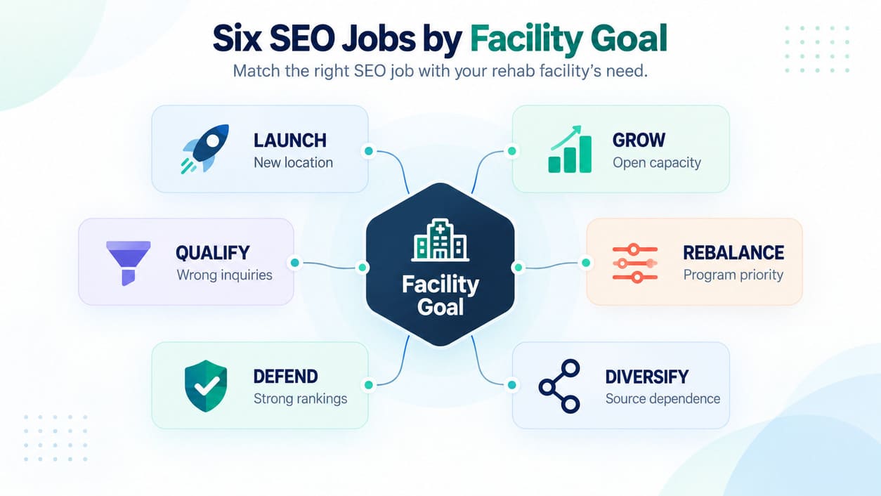 Six SEO jobs by facility goal including launch, grow, qualify, rebalance, defend, and diversify