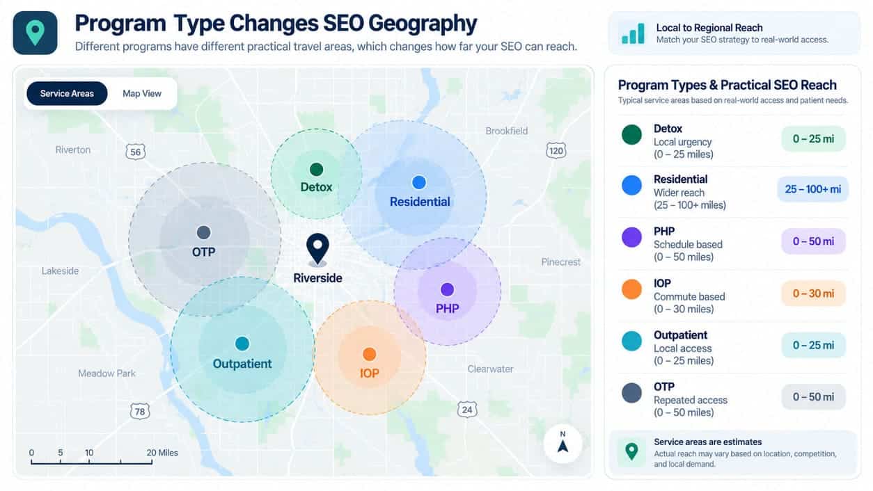 SEO geography by treatment program showing different practical travel areas for detox, residential, PHP, IOP, outpatient, and opioid treatment programs