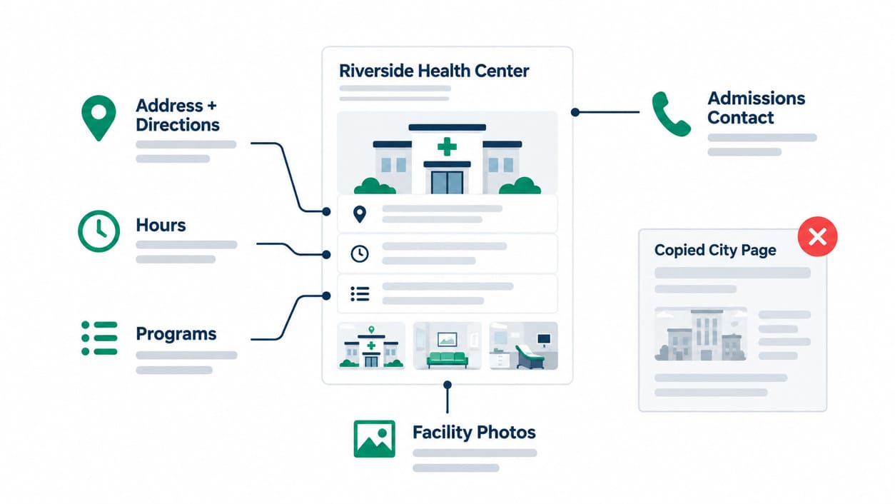 Treatment facility location page showing address, hours, programs, facility photos and admissions contact