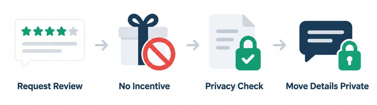 Safe rehab review management process from review request to privacy check and private contact