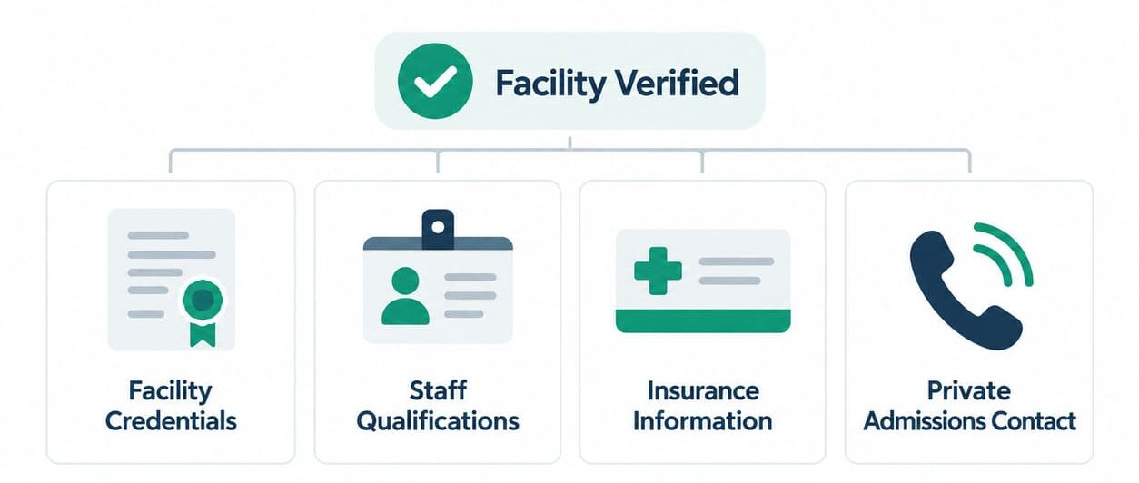 Facility verification using credentials, staff qualifications, insurance information and private admissions contact