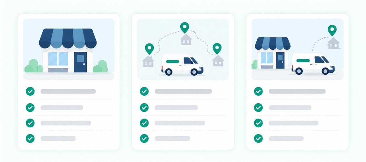 Storefront, service-area and hybrid business profile models